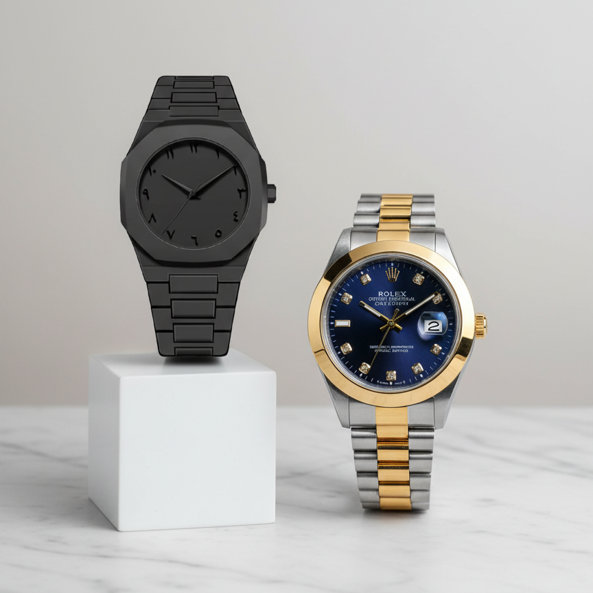 Two watches on a marble surface with a light gray background