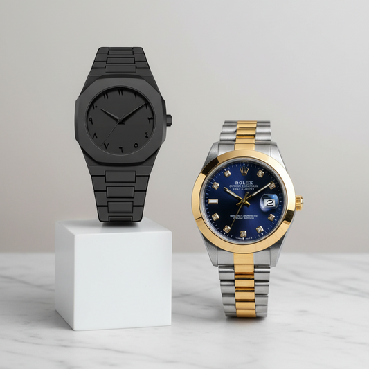 Two watches on a marble surface with a light gray background