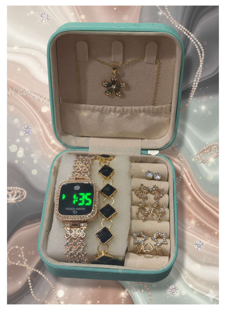 Jewelry set including a watch, necklace, and rings in an open teal jewelry box on a decorative background.