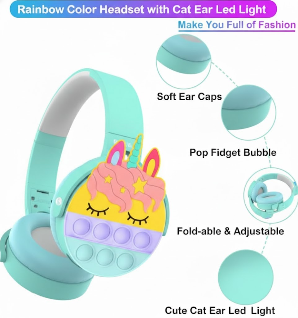 Unicorn Pop Kids Wireless Headphones with LED Cat Ears